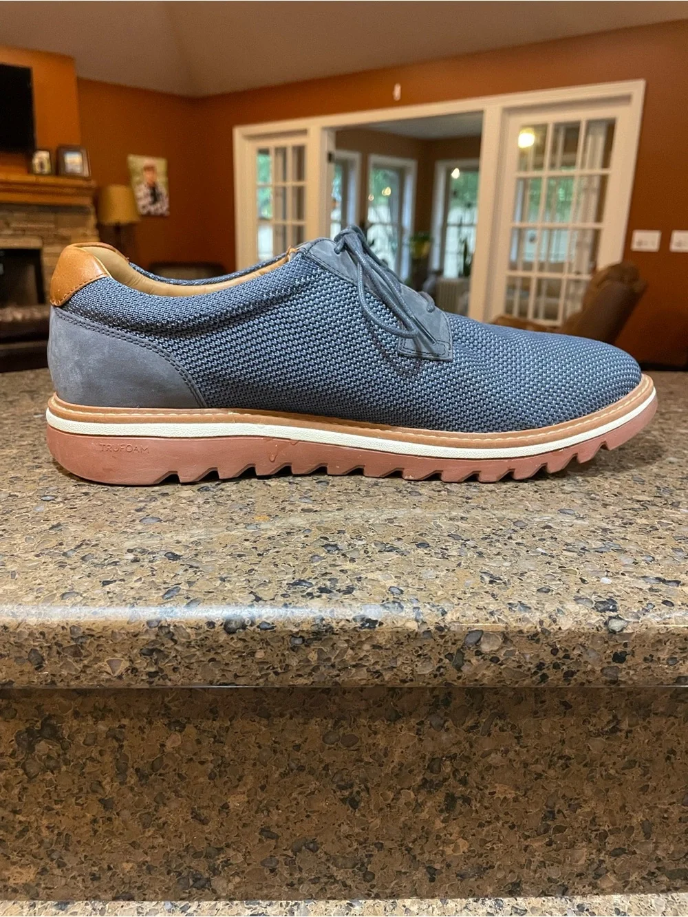 Men's Navy Knit Derby with Brown Trim — Casual Dress Shoes